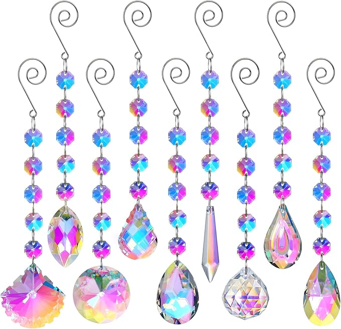 HDCRYSTALGIFTS 9 Pack Crystal Prisms Suncatchers, Rainbow Hanging Crystals Sun Catchers Indoor Windows, Colorful Beads Chains for Home Christmas Tree Decor