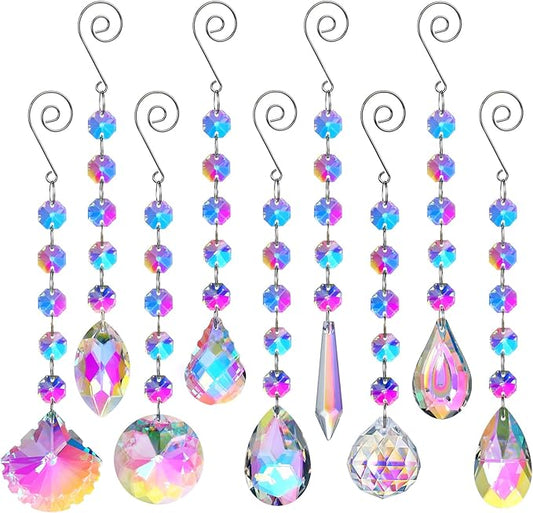 HDCRYSTALGIFTS 9 Pack Crystal Prisms Suncatchers, Rainbow Hanging Crystals Sun Catchers Indoor Windows, Colorful Beads Chains for Home Christmas Tree Decor