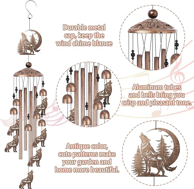 Romart Wolf Wind Chimes for Outside, Wolf Gifts for Women Men Birthday Metal Sympathy Memorial Windchimes for Outdoors Indoors, Garden, Patio, Home, Porch, Yard Decorations