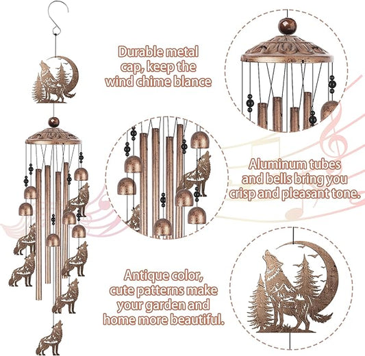 Romart Wolf Wind Chimes for Outside, Wolf Gifts for Women Men Birthday Metal Sympathy Memorial Windchimes for Outdoors Indoors, Garden, Patio, Home, Porch, Yard Decorations