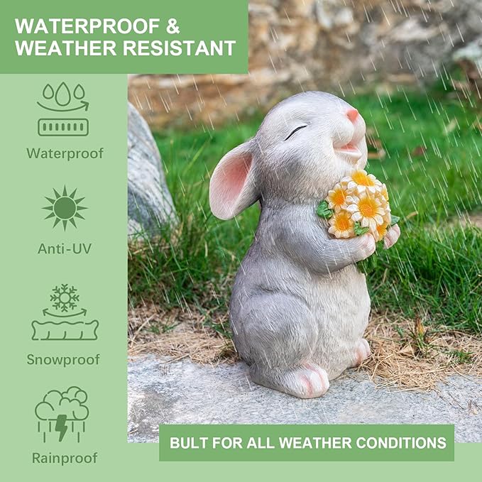 Solar Rabbit Garden Statues Outdoor Easter Bunny Decor Resin Rabbit Figurine Holding Sunflower with LED Lights for Proch Patio Lawn Yard Christmas Birthday Gardening Gifts for Mom Women
