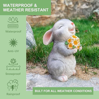Solar Rabbit Garden Statues Outdoor Easter Bunny Decor Resin Rabbit Figurine Holding Sunflower with LED Lights for Proch Patio Lawn Yard Christmas Birthday Gardening Gifts for Mom Women