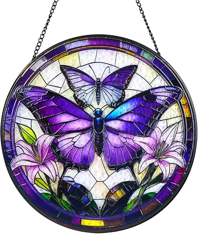 Purple Butterfly Stained Glass Window Hanging Suncatcher with Chain - 7.9" Outdoor/Indoor Art Decor for Home Garden, Wedding, Mother's, Festival, Valentine's & Christmas Ornaments Present