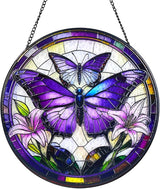 Purple Butterfly Stained Glass Window Hanging Suncatcher with Chain - 7.9" Outdoor/Indoor Art Decor for Home Garden, Wedding, Mother's, Festival, Valentine's & Christmas Ornaments Present