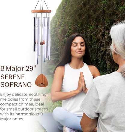 UpBlend Wind Chimes for Outside Gift – Deep Tone Wind Chime with Decorative Stone – Garden and Patio Décor for Porch or Yard, Elegant Outdoor Ornament, Meaningful Gift for Neighbors. 29” Silver.