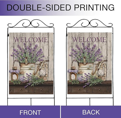 Hzppyz Welcome Spring Summer House Flag Lavender Flower Bucket, Floral Decorative Garden Yard Lawn Outdoor Large Burlap Flag Lantern Decor, Vintage Farmhouse Seasonal Outside Decorations Double Sided 28 x 40