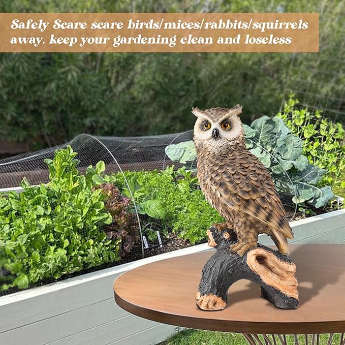 Owl Garden Statue - Perching Forest Owl on Stump Resin Figurine for Home Indoor Outdoor Garden Patio Yard Decor