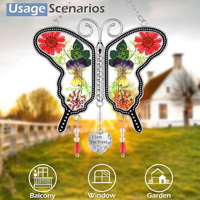 KY&BOSAM Suncatcher Butterfly Stained Glass Friend Butterfly Suncatchers Ornament hangings for Windows Wind Chime with Pressed Flower Butterfly Embedded in Glass Mother`s Day Birthdays