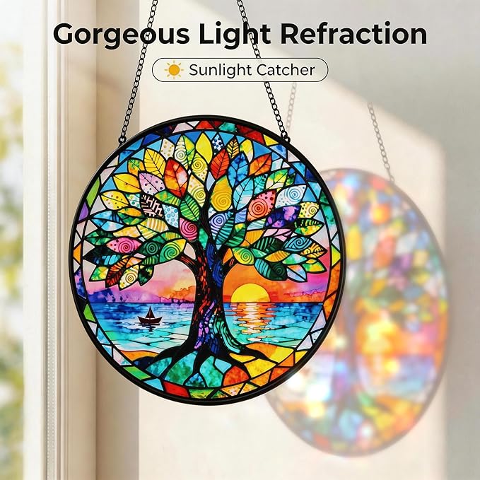 Stained Glass Tree of Life Suncatcher, Handmade Rainbow Maker Window Hanging for Garden or Home – Memorial & Sympathy Gifts, Remembrance Gift for Women Mom Family, Whimsical Decor (Colorful, Medium)