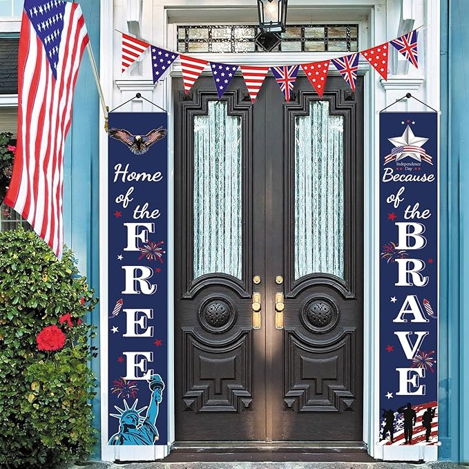 4th of July Patriotic Banner Decor - Independence Day Porch Sign - Memorial Day Hanging Banners Porch Decorations for Front Door Outside Yard Garden Party Supplies