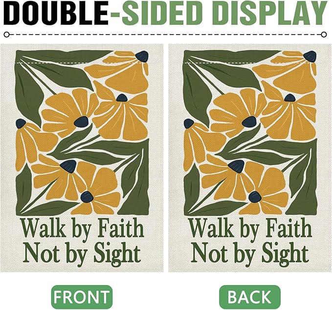 Dyrenson Inspirational Yellow Flower Decorative Garden Flag, Motivational Walk by Faith Not by Sight Floral Yard Outside Home Decoration, Spring Summer Burlap Outdoor Small Decor Double Sided 12 x 18