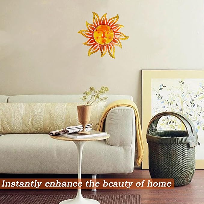 Metal Sun Wall Art Decor,12 Inch Retro Hanging Decor With Glass,Sun Face Valentine Wall Decorations For Patio Yard Garden Fence Living Room Bedroom