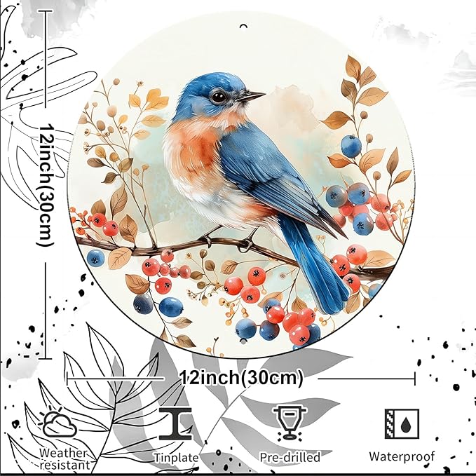 Vintage Blue Bird Watercolor Round Metal Sign Bird Sign Farmhouse Rustic Wreath Wall Decoration for Indoor Outdoor Home Porch Window Decor 12 Inch