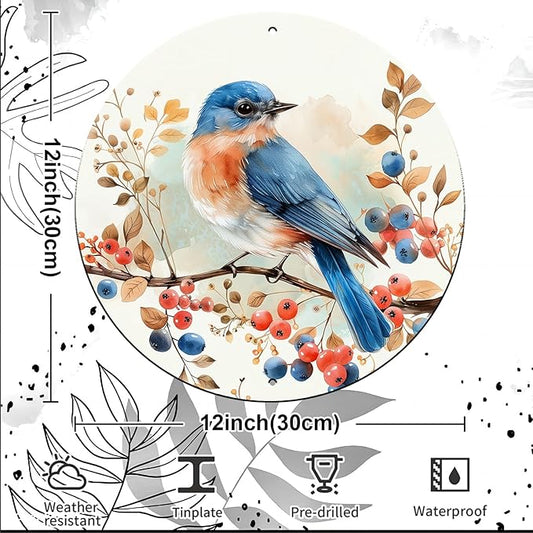 Vintage Blue Bird Watercolor Round Metal Sign Bird Sign Farmhouse Rustic Wreath Wall Decoration for Indoor Outdoor Home Porch Window Decor 12 Inch