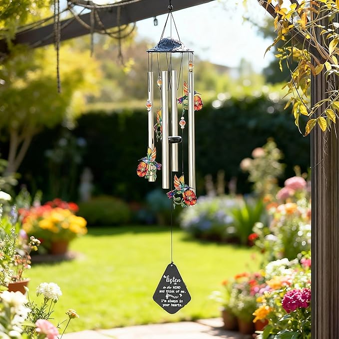 YU FENG Memorial Wind Chime with Crystals for Outdoor Garden Decor – Colorful Hummingbird with Memorial Tag, 34 Inch