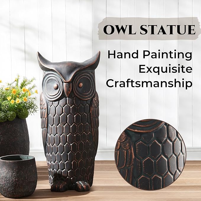 Wallowa 32 inch Faux Stone Owl Sculpture, Large Garden Ornaments, Standing Tall Statue for Indoor and Outdoor Decor, Suitable for Living Room, Entryway, Porch, Backyard, Patio, Retro Bronze Color