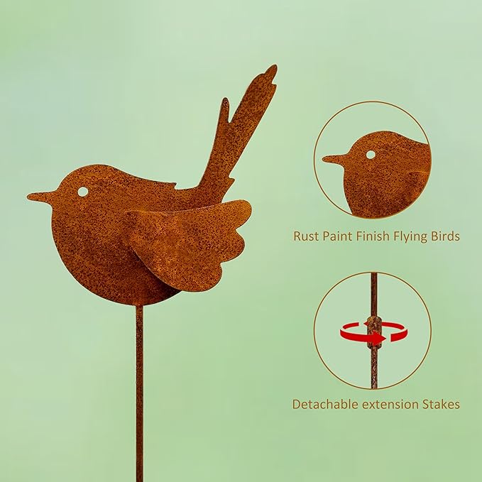 3PCS Rusty Metal Bird Stake Cute Birds Kinetic Sculpture Metal Garden Animals Stake Garden Decor Gifts for Friends and Family