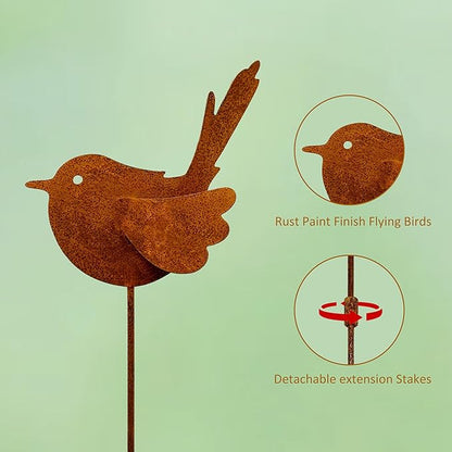 3PCS Rusty Metal Bird Stake Cute Birds Kinetic Sculpture Metal Garden Animals Stake Garden Decor Gifts for Friends and Family