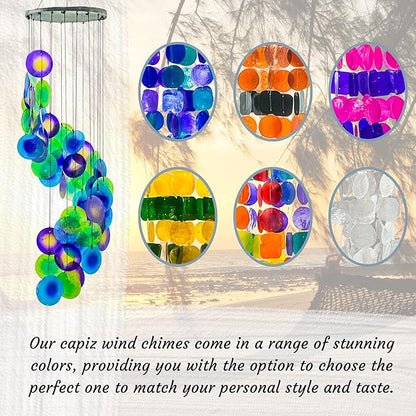 Bellaa 23332 Wind Chimes Capiz Sea Glass Shells Large 27 inch Outside Windchimes Peacock Home Decor Outdoor Garden Patio Yard Lawn Unique Gifts for Mom Grandma Woman Sympathy Memorial Remembrance