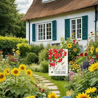 Baccessor Spring Garden Flag 12.5 x 18 Inch, Red Geranium Floral Double Sided Burlap Welcome Small Yard Flag Seasonal Holiday Lawn Proch Outdoor Outside Decor