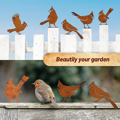 5-Pack Rustic Metal Bird Statues for Outdoor Garden - Vintage Yard Art Decor with Realistic Bird Shapes for Fence, Patio, Lawn Ornament