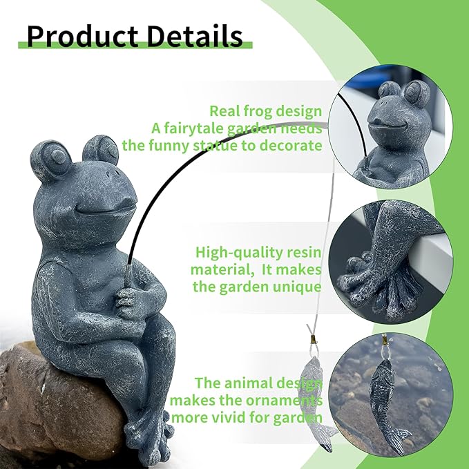 9.5" Frog Fishing Garden Sculptures & Statues, Stone Look Sculpture, Whimsical Lawn Yard Art, Funny Pond Fisherman Statue, Resin Animal Decorative Figurine, for Frog Fishing Lovers