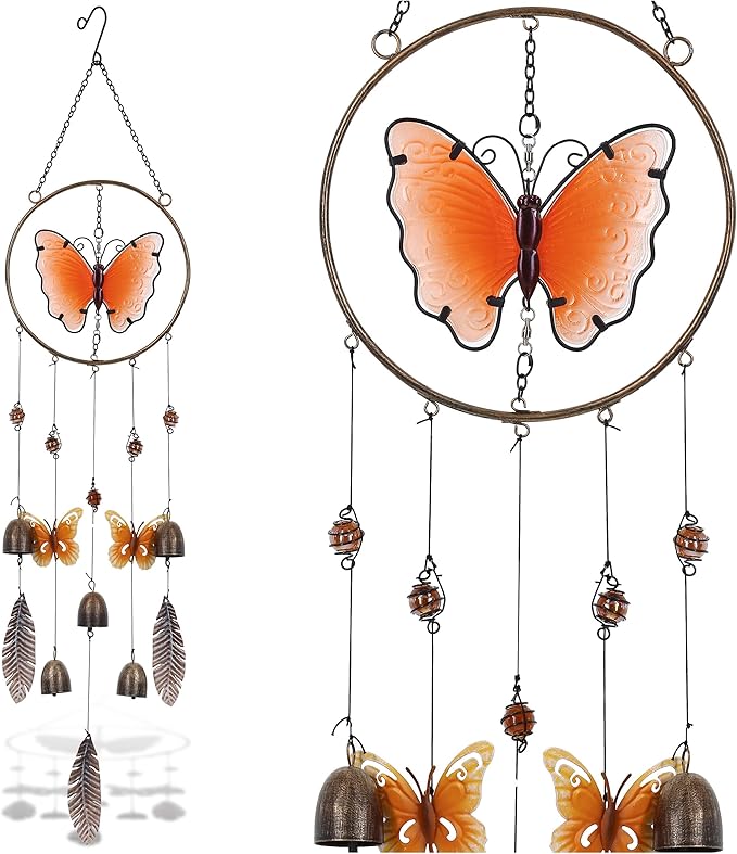 CoTa Global Orange Butterfly Hanging Metal Wind Spinner Wind Chime - Relaxing Harmonic Indoor or Outdoor Wind Spinner for Yard, Garden, Porch Patio, Beautiful Unique Art Ornament Mobile - 37 Inch