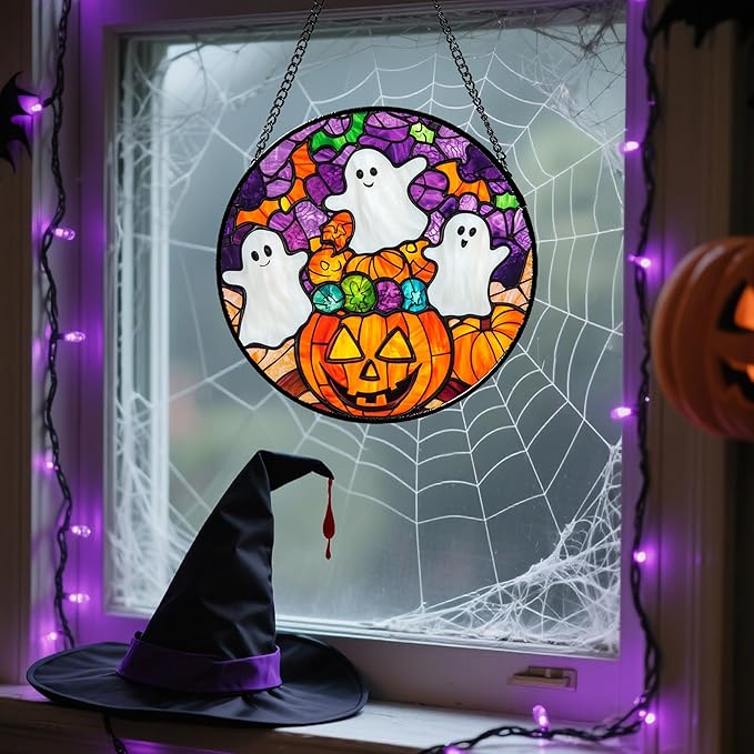 Stained Glass Window Hanging Halloween Horror Pumpkin White Ghost 6.3" - Suncatcher Door Garden Sunroom Gothic Style Sun Catcher Birthday for Friend Mom Men Woman Nana