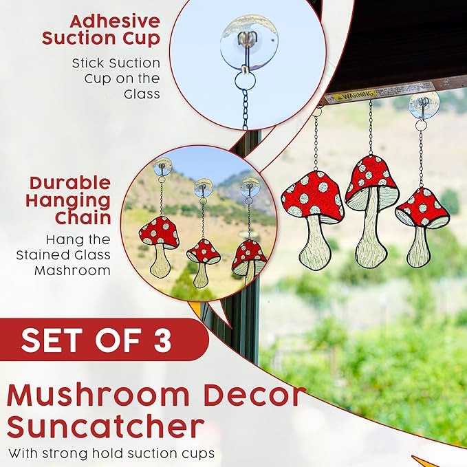 Mushroom Stained Glass Suncatcher Set – 3 Fly Agaric Hand-Painted Toadstool & Moon Window Ornaments – Boho Nature Window Décor for Home, Plant, and Mushroom Lovers