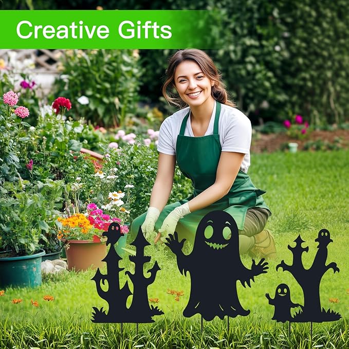 Halloween Decorations White Ghost Metal Decorative Garden Stakes,Halloween Ghosts Silhouette Statues Decorations for Yard Art,Patio,Backyard,Outdoor,Forests,Lawn Ornaments