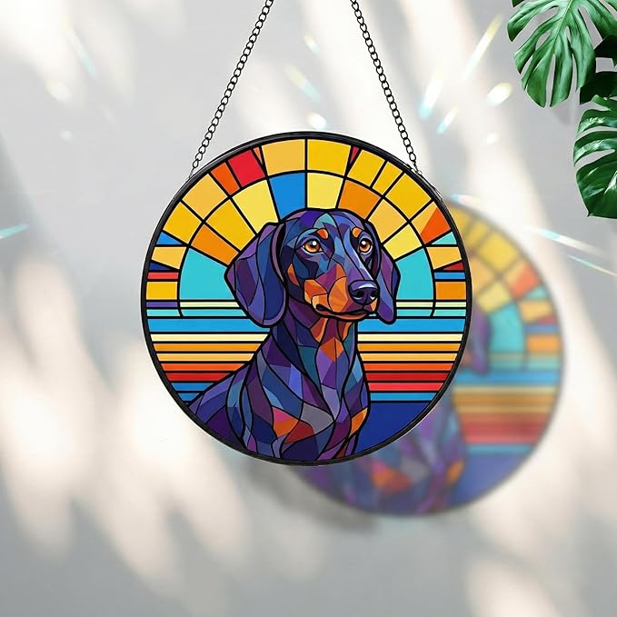 Stained Glass Dog Memorial Suncatcher,Dachshund_02 Window Hanging,Sympathy Gifts for Pet Loss,7.9 inch/20 cm Home and Garden Decor for Dog Lovers