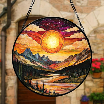 DASTOLL Stained Glass Window Hanging, Dusk Sunset Landscape Sun Catchers Glass Panel Lakes and Mountains Suncatcher Decor for Birthday for Women, Men, Wife, Aunt, and Mom 9.8 in