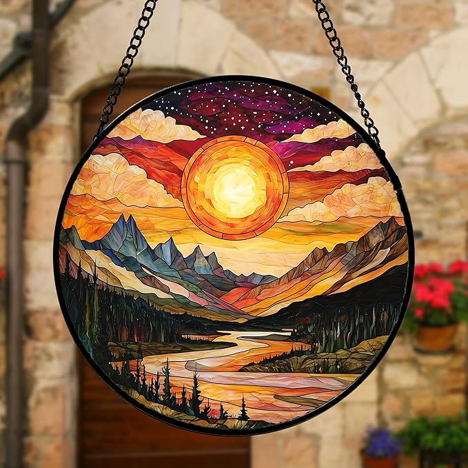DASTOLL Stained Glass Window Hanging, Dusk Sunset Landscape Sun Catchers Glass Panel Lakes and Mountains Suncatcher Decor for Birthday for Women, Men, Wife, Aunt, and Mom 7.8 in