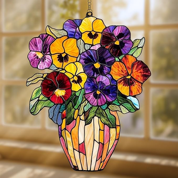 Pansies Vase Flower Acrylic Suncatcher, Flower Suncatchers for Window Hangings, Stained Glass Effect Garden Decor, Gift for Mother's Day, Mom, Grandma, Wife, Women