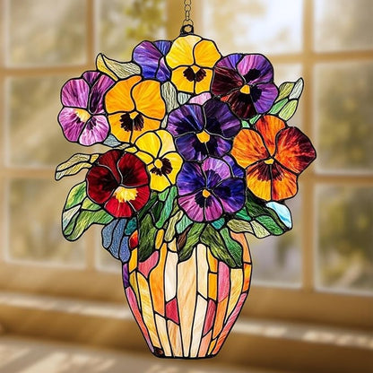 Pansies Vase Flower Acrylic Suncatcher, Flower Suncatchers for Window Hangings, Stained Glass Effect Garden Decor, Gift for Mother's Day, Mom, Grandma, Wife, Women