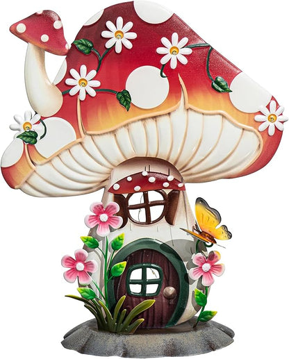 Evergreen Garden 16" LED Floral Mushroom House Garden Statue Outdoor, LED Light Mushroom House Garden Figurines for Lawn, Balcony, Yard, Outdoor Garden Decoration