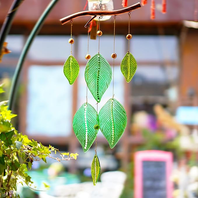 Glass Wind Chimes for Outside,Unique Handmade Windchimes Outdoors with Stained Glass Leaves for Home Window Garden Yard Patio Decor Ornament for Christmas Tree,Green 20"