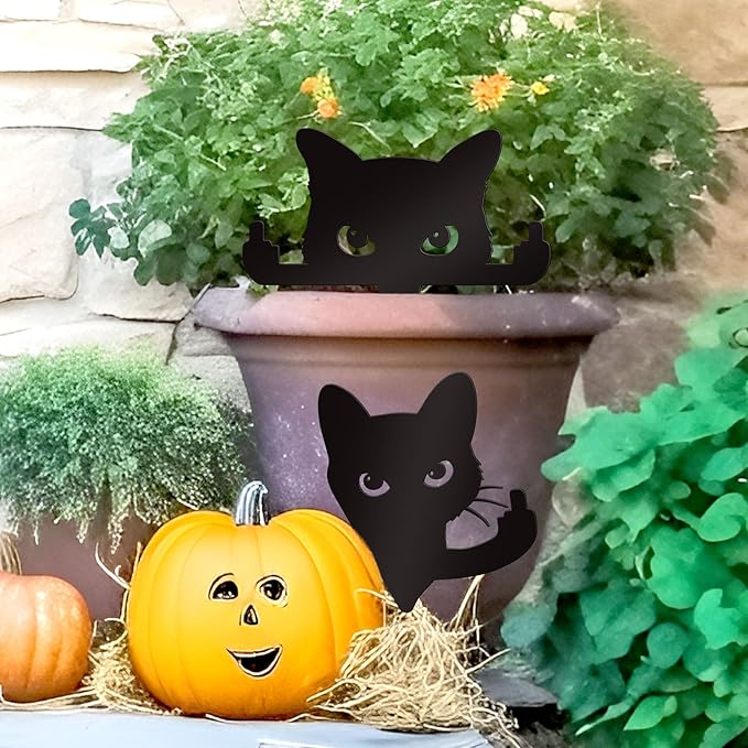 Bnesi 2 Pcs Black Cat Garden Sculptures Metal Fence Decorations Outdoor Decorations for Cat Lovers Black Metal Yard Art Lawn Ornaments Home Decor for Garden Yard Lawn (Funny)