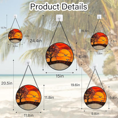 Stained Glass Window Hanging Orange Sunset Landscape Large 11.8" - Maple Suncatcher Door Garden Sun Catcher Home Decor Birthday Christmas for Mom Men Woman Wife Friend