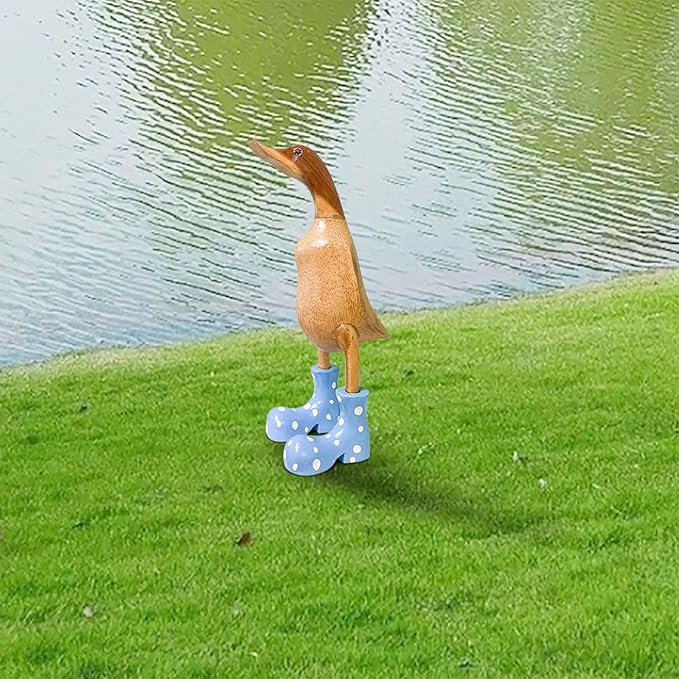 Wooden Crafted Duck Figurine with Spotty Wellies Funny Standing Duck Statues Decorative Resin Rain Boot Animal Sculpture Collectible Crafts Waterproof Garden Lawn Ornament (Blue, 7.9Inch)