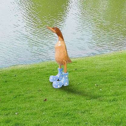 Wooden Crafted Duck Figurine with Spotty Wellies Funny Standing Duck Statues Decorative Resin Rain Boot Animal Sculpture Collectible Crafts Waterproof Garden Lawn Ornament (Blue, 7.9Inch)