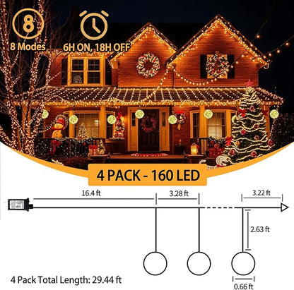 Christmas Ball Lights - 160LED Outdoor Tree Globe String Lights, 8 Modes Waterproof Sphere Lantern Lights, Christmas Decor for Tree Garden Porch (Warm White)