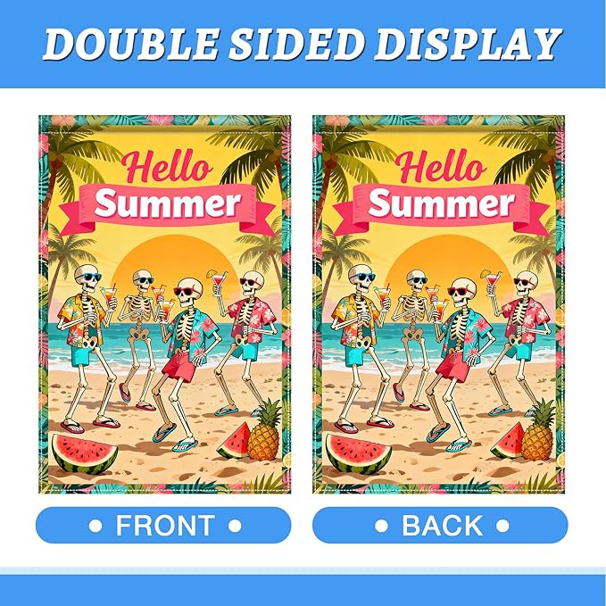 BlissYard Hello Summer Skeleton Garden Flag 12x18 Double Sided Vertical Outdoor Decor Tropical Beach Skull Banner Colorful Vacation Yard Garden Lawn Welcome Display