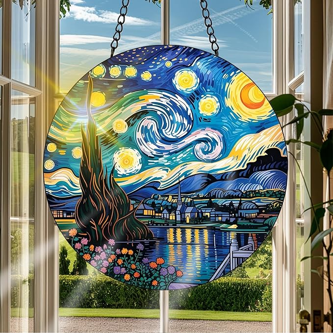 VAIIEYO Starry Night Sun Catcher Stained Glass Window Hanging Ornament, Handmade Sun Catcher Landscape Decoration with Hooks for Window Garden Home, Mother's Day & Birthday Housewarming Gift 7.8 inch