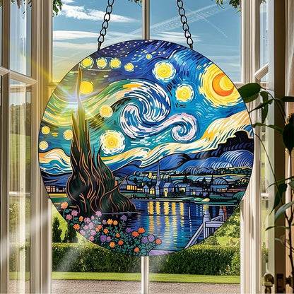 VAIIEYO Starry Night Sun Catcher Stained Glass Window Hanging Ornament, Handmade Sun Catcher Landscape Decoration with Hooks for Window Garden Home, Mother's Day & Birthday Housewarming Gift 7.8 inch