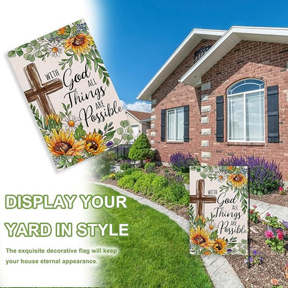 With God All Things Are Possible Christian Decorative Garden Flag, Religious Cross Sunflower Spring Summer Easter Yard Outside Decorations, Inspirational Fall Outdoor Small Home Decor 12 x 18