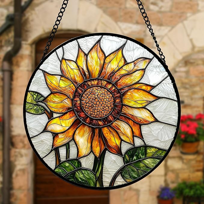 DASTOLL Stained Glass Window Hanging - Sunflower Flower Suncatcher Ready to Hang Window Doors Home Decoration and Christmas, Mother's Day Birthday Gifts for Women, Men, and Mom 7.8x7.8 in