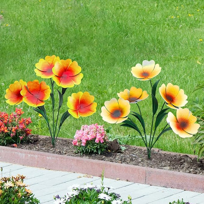 Yaocom 2 Pack Metal Flowers for Outdoor, Decorative Garden Stakes Yard Art, Outdoor Spring Garden Stake Summer Decor Bouquet of Poppy Flower Rustic Handcrafted Items for Lawn Porch Fence(Yellow)