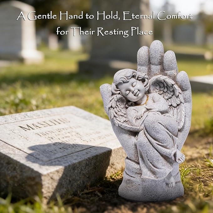 basen Guardian Angel Statue in Hand, Memorial Angel Garden Statue for Outdoor Yard Lawn Patio, Resin Angel Figurine Decoration for Grave Cemetery Remembrance, Sympathy Gift Decor