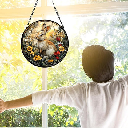 DASTOLL Stained Glass Window Hanging - Rabbit Flowers Suncatcher Ready to Hang Window Doors Home Decoration, Easter, Mother's Day Birthday Gifts for Women, Men, and Mom 7.8x7.8 in